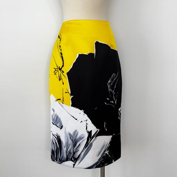 Prabal Gurung Knee Length Pencil Skirt Abstract Floral Print Satin Yellow 10 - Picture 2 of 11